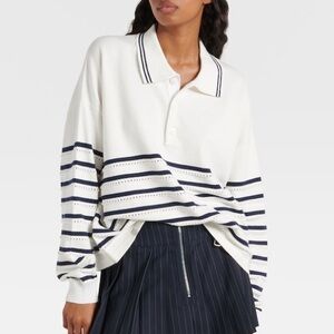 The Upside White Navy Wonder Striped Cotton Polo Collared Sweater
